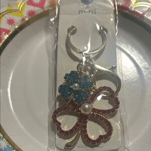 Gold Keychain / Bag Charm with Pink and Blue Gem Accents